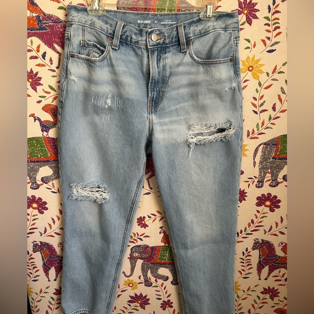 Old Navy High Rise Slouchy Straight Leg Blue ripped Jeans Size 6 cotton